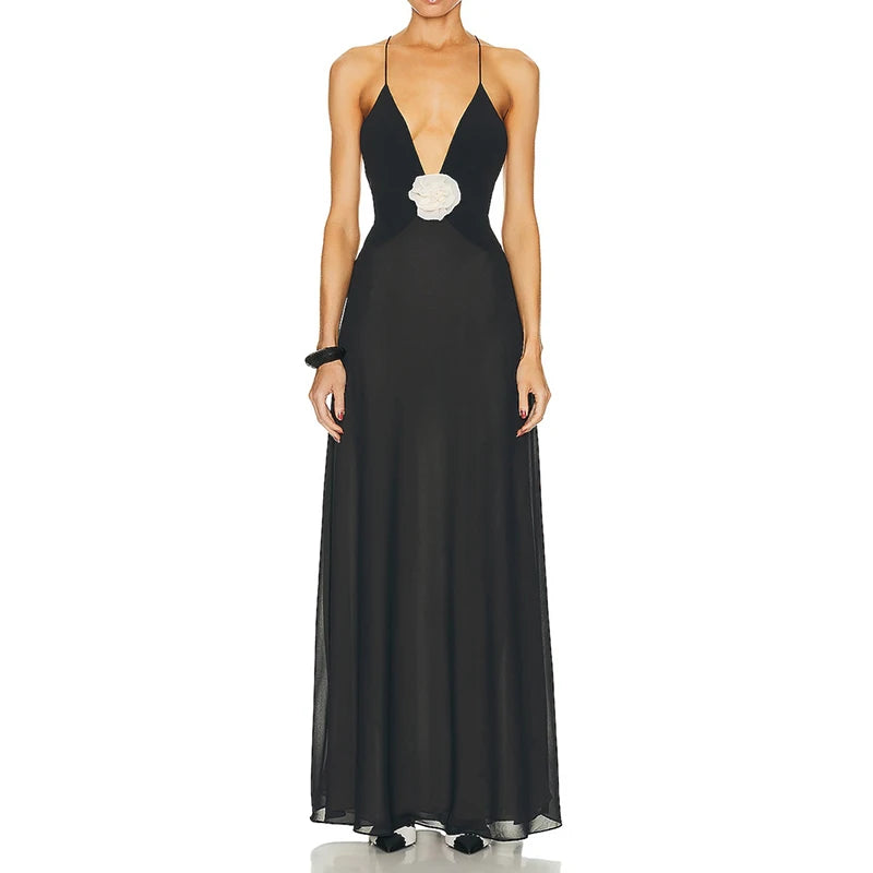 Vestido elegante con escote en V y flores 3D, corte bajo, espalda descubierta, tirantes finos, largo, elegante, para mujer, fiesta, club y vacaciones