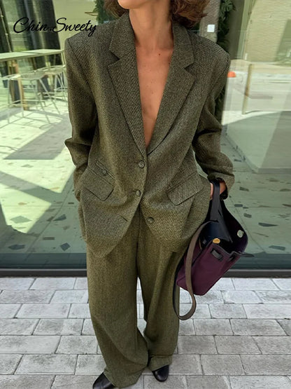 Conjunto elegante de abrigo y pantalón para mujer, moda de solapa, manga larga, blazer de un solo pecho, pantalones de pierna ancha, conjunto de 2 piezas para mujer, conjuntos holgados.