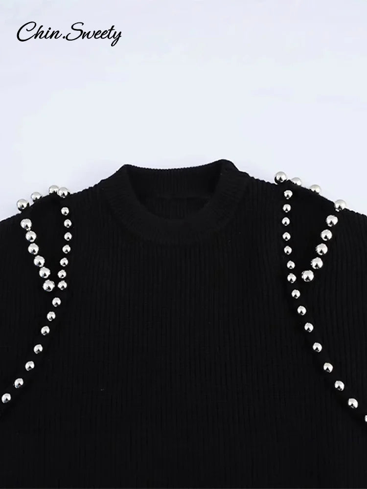 Fashion Women’s Beading Sweater Pullover Elegant Knitted Black Long Sleeve O-neck Jumper 2025 New Spring Lady Casual Outwears