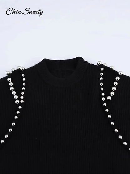 Fashion Women’s Beading Sweater Pullover Elegant Knitted Black Long Sleeve O-neck Jumper 2025 New Spring Lady Casual Outwears