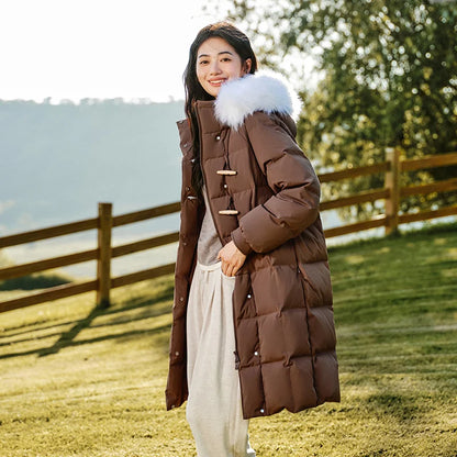 Chaqueta de plumón para mujer, larga, resistente al viento, holgada, de invierno, cálida, con cuello de piel y capucha.