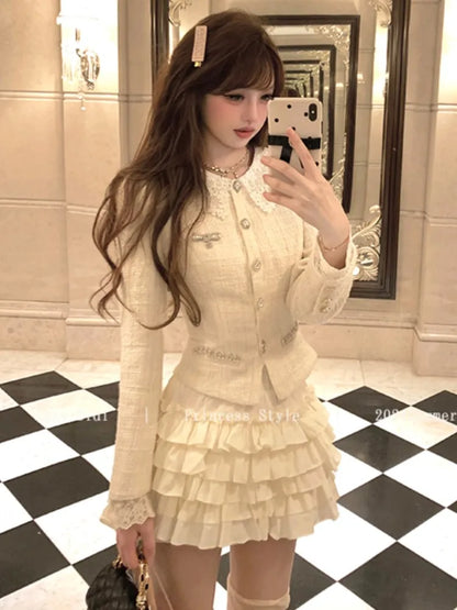 French Vintage 2-piece Set Tweed Lace Patchwork Single Breasted Coat Ruffles Cake Mini Skirt Korean Fashion Autumn Outfits New