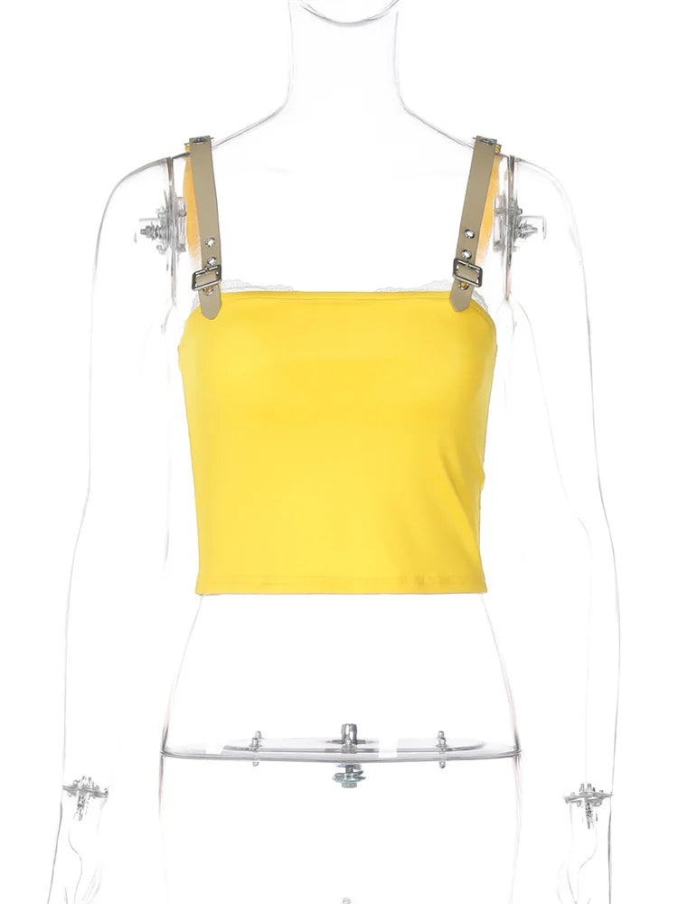 Summer Lace Patchwork Tank Top For Women Backless Slim Square Collar Cropped Sexy Y2k Vest Female Contrast Streetwear 2025