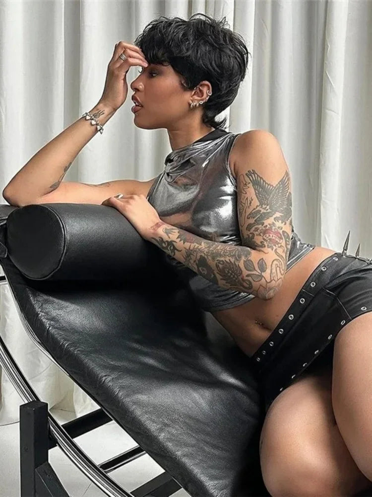 Top corto de seda brillante para mujer, ropa atrevida, accesorios Y2k, corsé de cuello redondo, ropa para mujer, sin mangas, conjuntos sexis para club rave, camisola de verano