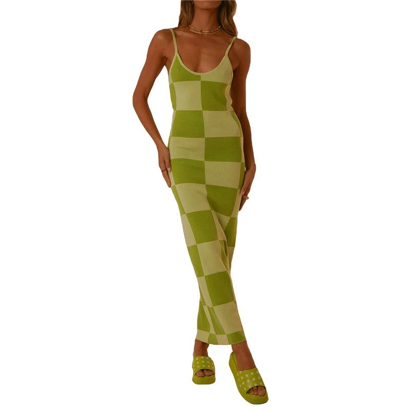 y2k Knitted Dresses Women Geometric Print Spaghetti Strap Sleeveless Bodycon Dresses 2000s Long Night Party Dresses