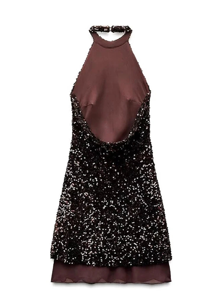 2025 Sequined Halter Backless Mini Dress Women Sexy Off Shoulder A-line Party Evening Dresses Summer Lady Slim Glitter Vestidos