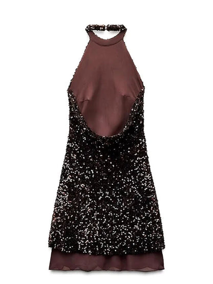 2025 Sequined Halter Backless Mini Dress Women Sexy Off Shoulder A-line Party Evening Dresses Summer Lady Slim Glitter Vestidos