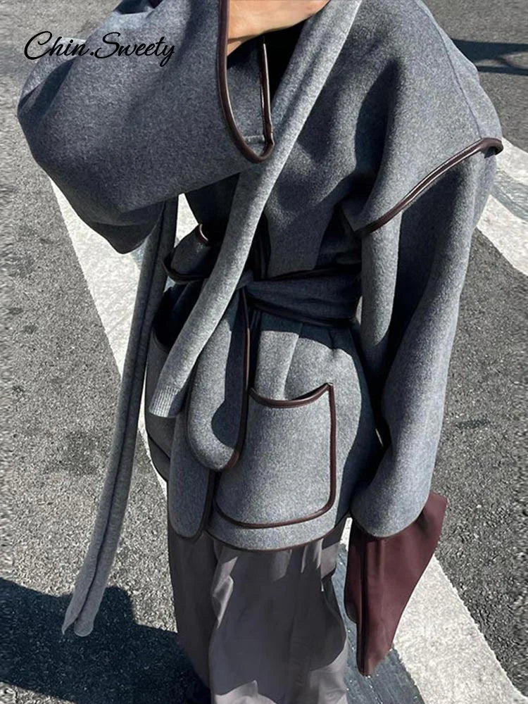 Abrigos elegantes con cinturón de patchwork para mujer, abrigos con escote en V en contraste, manga larga y bolsillos para mujer, novedad de otoño en prendas de vestir exteriores para mujer.