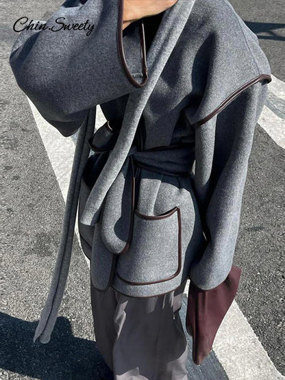 Abrigos elegantes con cinturón de patchwork para mujer, abrigos con escote en V en contraste, manga larga y bolsillos para mujer, novedad de otoño en prendas de vestir exteriores para mujer.