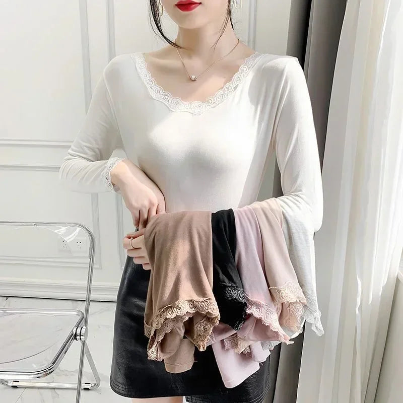 Ropa interior térmica de primera capa para mujer y hombre, de invierno, fina, de encaje modal, para mujer, camiseta térmica, top para mujer