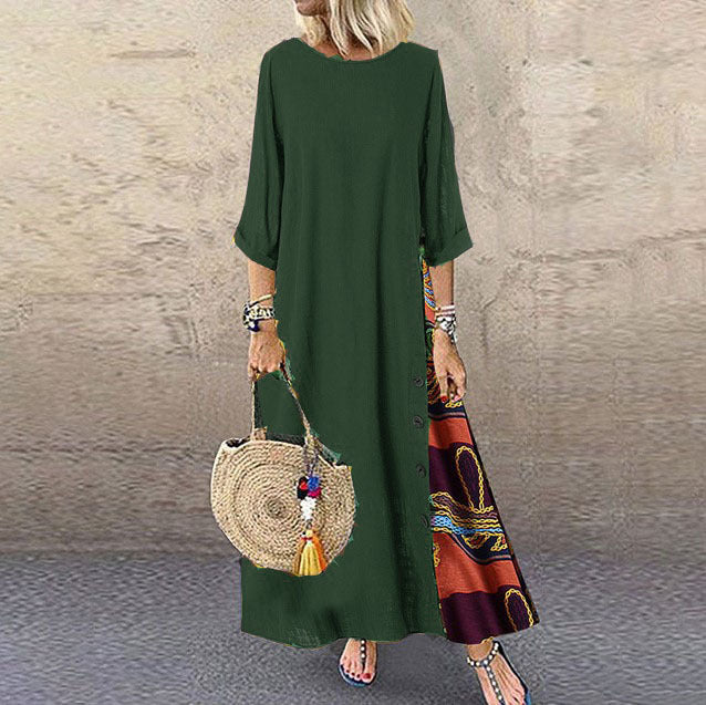 Vestidos largos vintage de lino y algodón para mujer, mangas tres cuartos, estampado empalmado, holgados, línea A, moda informal, maxivestido para mujer