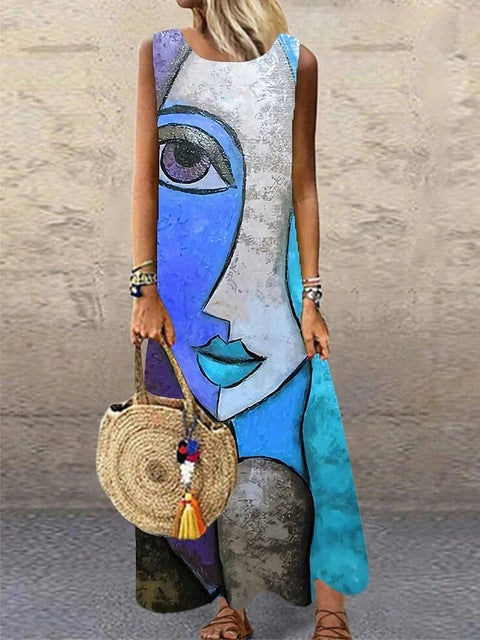 Vestidos largos sin mangas con estampado vintage para mujer, moda de verano, cuello redondo, vestido maxi holgado, ropa de viaje con temperamento, vestido femenino