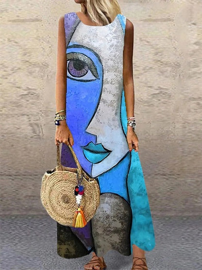 Vestidos largos sin mangas con estampado vintage para mujer, moda de verano, cuello redondo, vestido maxi holgado, ropa de viaje con temperamento, vestido femenino