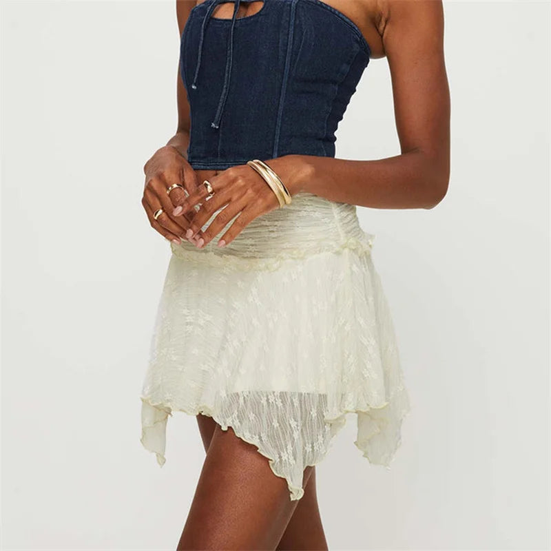 Falda Y2K para mujer, ropa de verano, color sólido, cintura alta, volantes irregulares, dobladillo de encaje, minifaldas, faldas de los años 2000, ropa de calle
