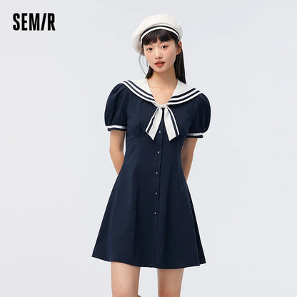 Vestido de verano para mujer, con mangas abullonadas, dulce, nuevo, con temperamento en contraste, cuello azul marino, vestido de primer amor, estilo academia.