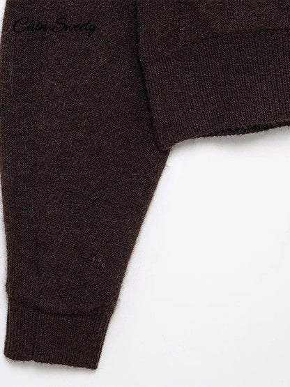 Elegant Brown Skirt Suits Knitted O-Neck Long Sleeve Metal Button Cardigan High Waist A-line Mini Skirts 2025 Spring Lady Outfit