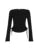 Camiseta básica de manga larga ajustada con cuello redondo y canalé liso negro para mujer, con fruncido lateral y cordones, elegante y sencilla.
