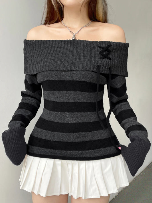 Jersey de punto a rayas ajustado con hombros descubiertos para mujer, jersey de manga larga con cuello oblicuo y cordones, moda coreana, ropa de punto urbana