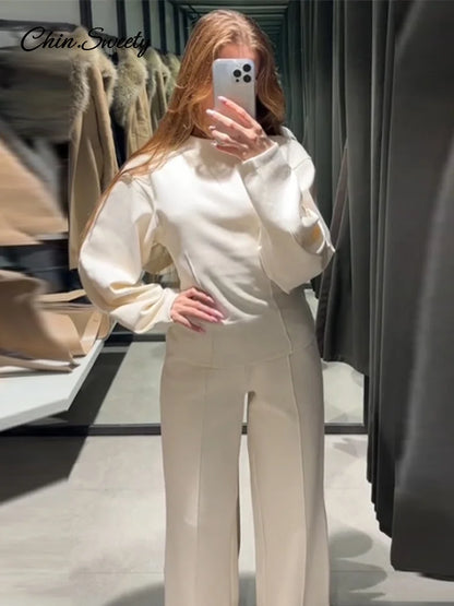 Casual Women’s 2-piece Solid Pants Sets Long Sleeve O-neck Sweatshirts Wide Leg Pleated Trousers  Autumn Lady Lazy Tracksuit