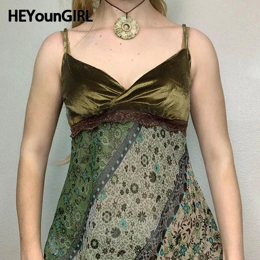 Mori Girl Style Patchwork Camis Top Y2K Aesthetic Vintage Green Sexy V Neck Tank Top Summer Asymmetry Lace-up Vest