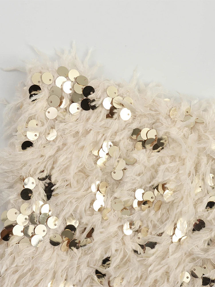 Sexy Plush Sequin Strapless Tube Tops Women Retro Solid Feather Glitter Sleeveless Corset Tops Female Spring Chic Streetwear