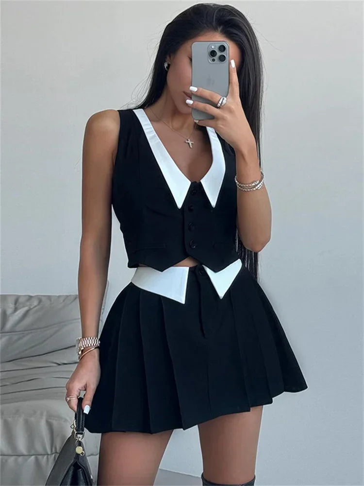 Conjunto de dos piezas de verano para mujer, falda sexy con cuello en V, sin mangas, vestidos y faldas plisadas de cintura alta, 2025