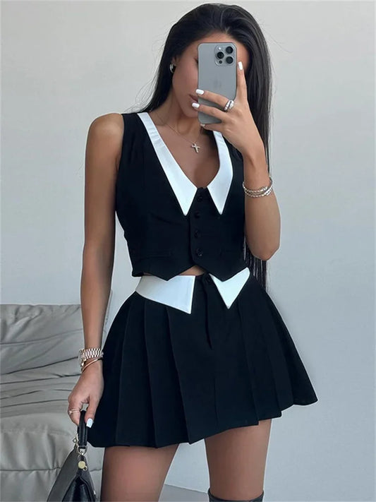 Conjunto de dos piezas de verano para mujer, falda sexy con cuello en V, sin mangas, vestidos y faldas plisadas de cintura alta, 2025