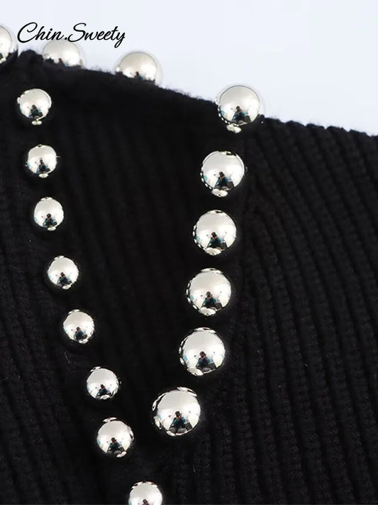 Suéter de mujer de moda con cuentas, elegante jersey de punto negro de manga larga con cuello redondo, nueva primavera 2025, ropa informal para mujer