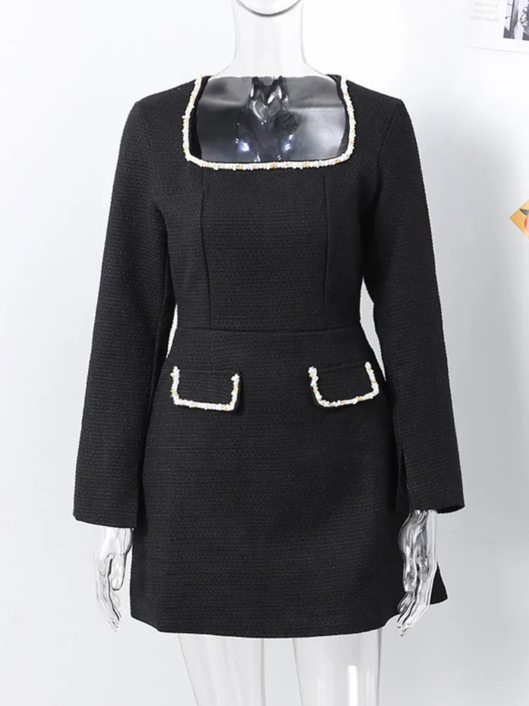 Elegante vestido de fiesta corto de tweed para mujer, manga larga, cuello cuadrado, bolsillo falso, vestidos de noche de otoño, brillantes, ajustados, de corte A.