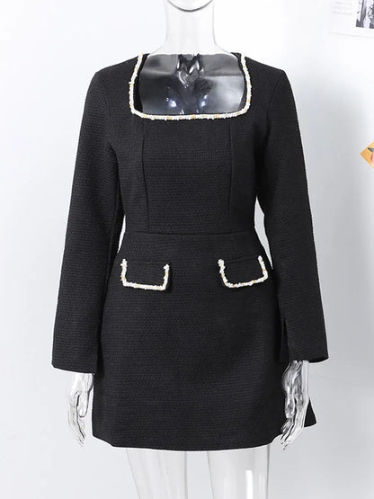 Elegante vestido de fiesta corto de tweed para mujer, manga larga, cuello cuadrado, bolsillo falso, vestidos de noche de otoño, brillantes, ajustados, de corte A.
