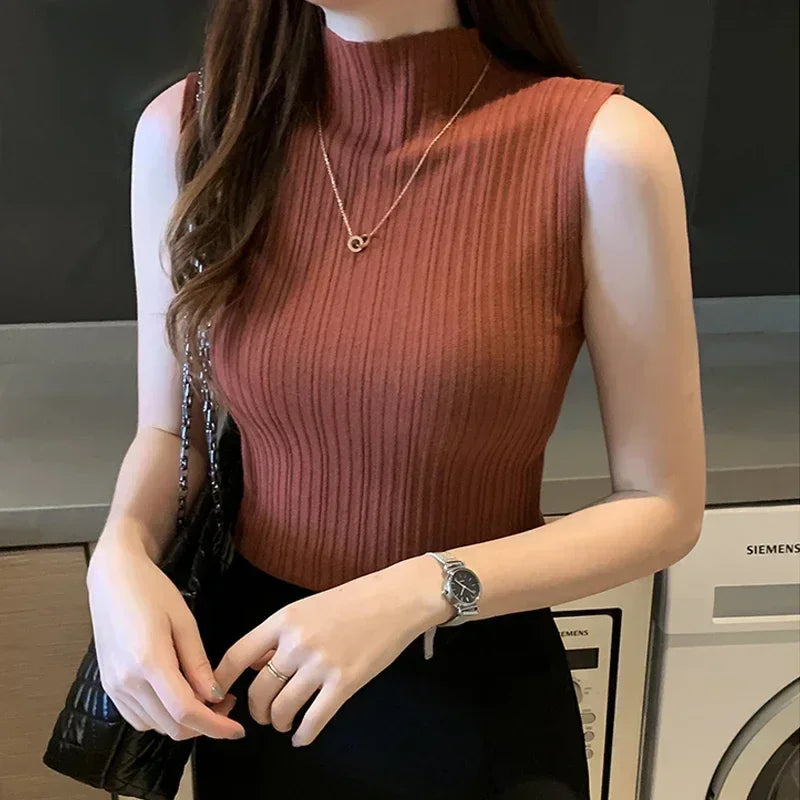 Blusa de punto sin mangas elegante de moda para mujer, blusa de verano de color sólido, blusa informal, camisa de cuello medio alto