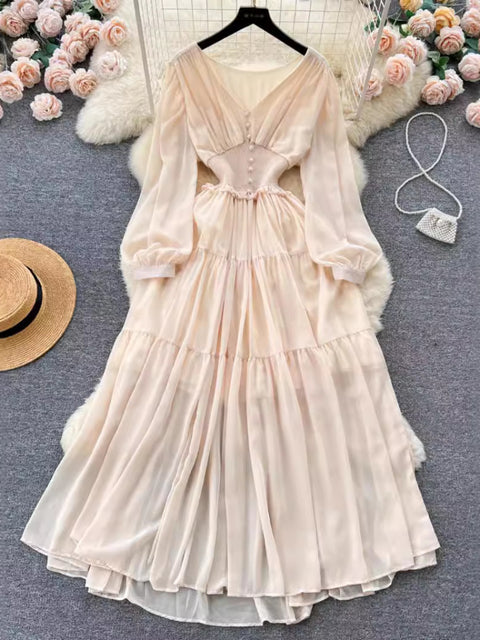 Vestido largo de gasa vintage para mujer, elegante, con escote en V, manga larga, informal, plisado francés, ajustado, corte A, largo