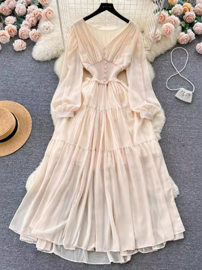 Vestido largo de gasa vintage para mujer, elegante, con escote en V, manga larga, informal, plisado francés, ajustado, corte A, largo