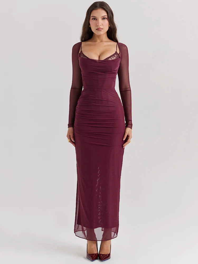 Elegante vestido maxi sexy de manga larga transparente para mujer, vestido largo sexy de malla sin tirantes y espalda descubierta para fiesta en club.