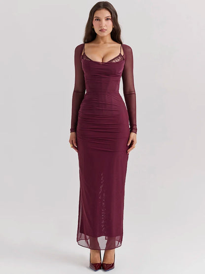 Elegante vestido maxi sexy de manga larga transparente para mujer, vestido largo sexy de malla sin tirantes y espalda descubierta para fiesta en club.