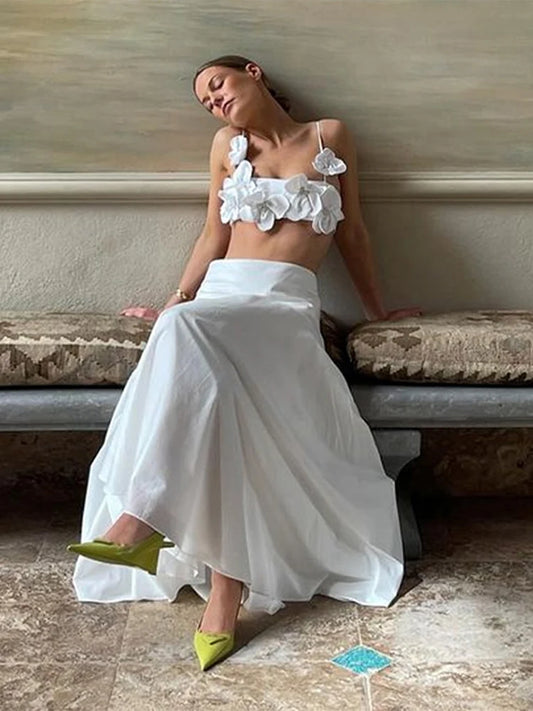 Tops cortos con tirantes florales 3D para mujer, moda de verano, sexys, sin mangas, lisos, con flores, ropa de playa elegante para mujer