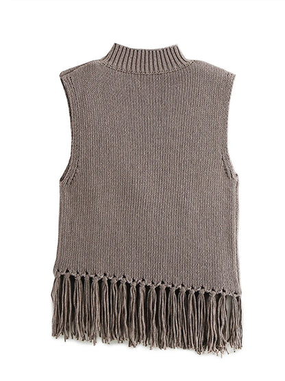 Elegant Knitted Sleeveless Tassel Sweater Women Vintage Solid Turtleneck Pullover Sweaters Female Spring Chic Design Street Tops