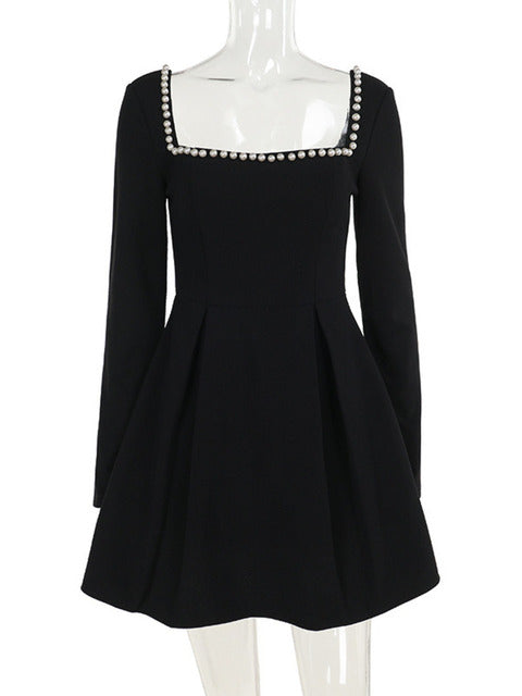 Vestido mini de manga larga con cuello cuadrado y perlas para mujer, vestido de corte A sin espalda, vestidos elegantes de otoño para mujer