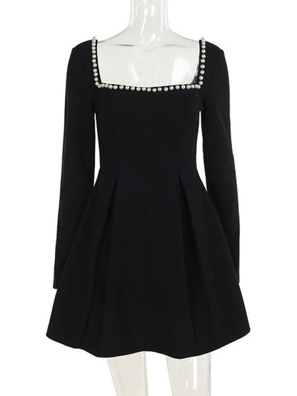Vestido mini de manga larga con cuello cuadrado y perlas para mujer, vestido de corte A sin espalda, vestidos elegantes de otoño para mujer