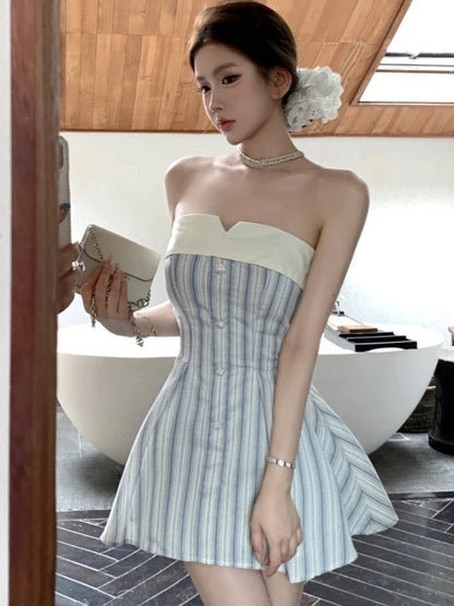 Elegante minivestido sin tirantes Y2K para mujer, con lazo y patchwork, corte en A, para fiesta de cumpleaños, moda coreana, para graduación, vestidos cortos para mujer