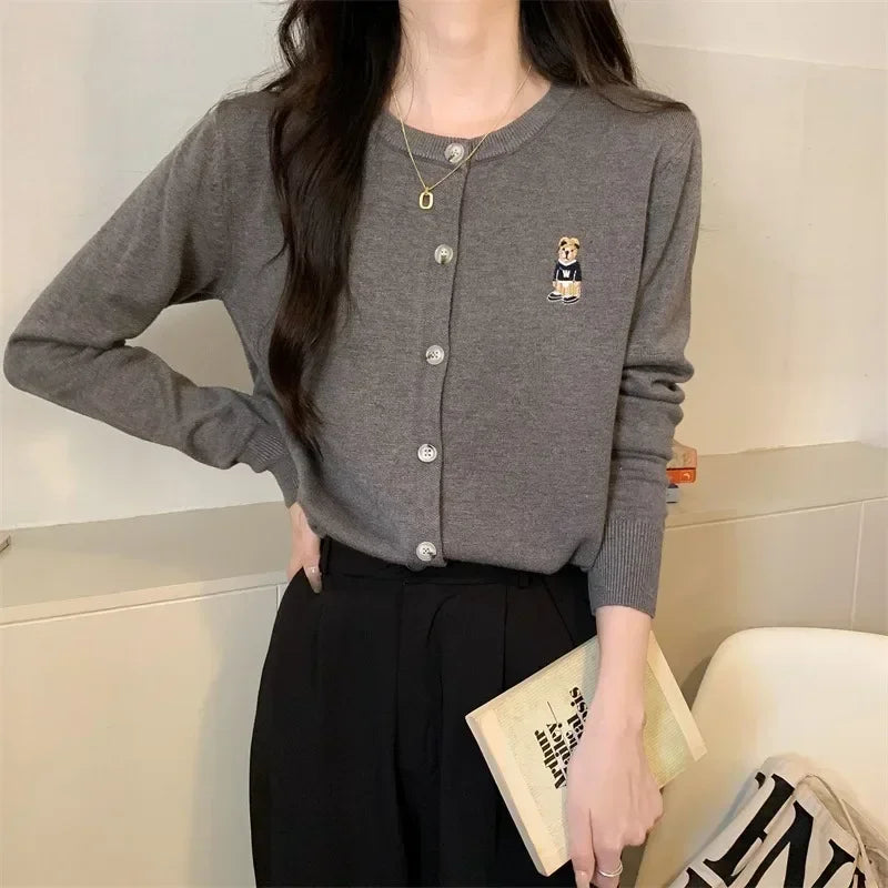 Cárdigan de punto para mujer, jersey coreano de manga larga con una hilera de botones, cárdigan elegante de cuello redondo, prendas de vestir exteriores para primavera y otoño