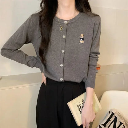 Cárdigan de punto para mujer, jersey coreano de manga larga con una hilera de botones, cárdigan elegante de cuello redondo, prendas de vestir exteriores para primavera y otoño