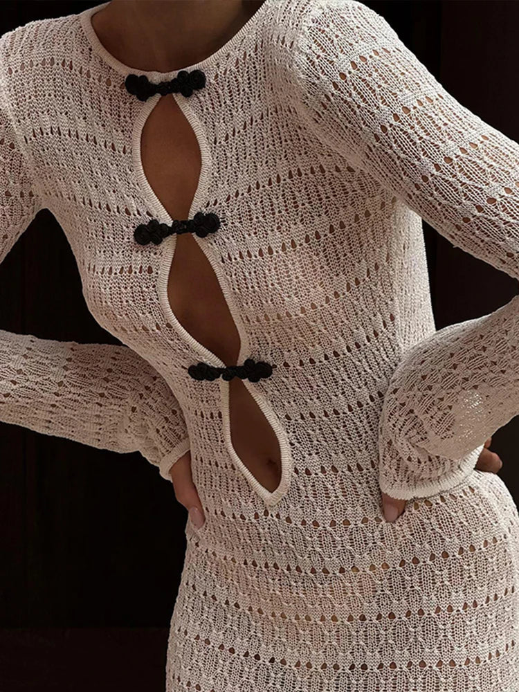 Elegant Hollow Out Knitted Long Dress Women Sexy Backless Solid Long Sleeve Slim Maxi Dresses Female Chic Party Beach Holiday
