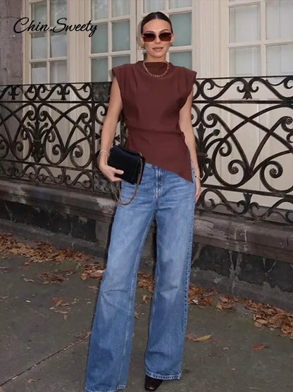 Casual Pleated Sleeveless Vest Women Irregular O-neck Split Shoulder Pad Solid Tank Top Fashion High Street Lady Slim Shirt New