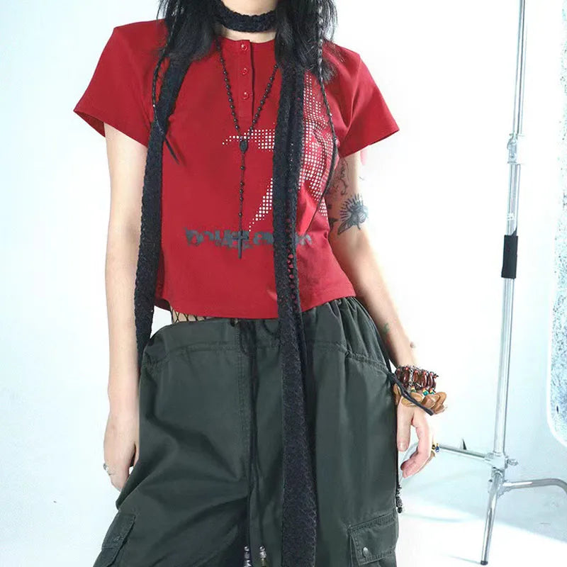 Top corto Harajuku estilo japonés con estampado de estrellas, cuello redondo, manga corta, camiseta gráfica Y2K, ropa de calle para mujer