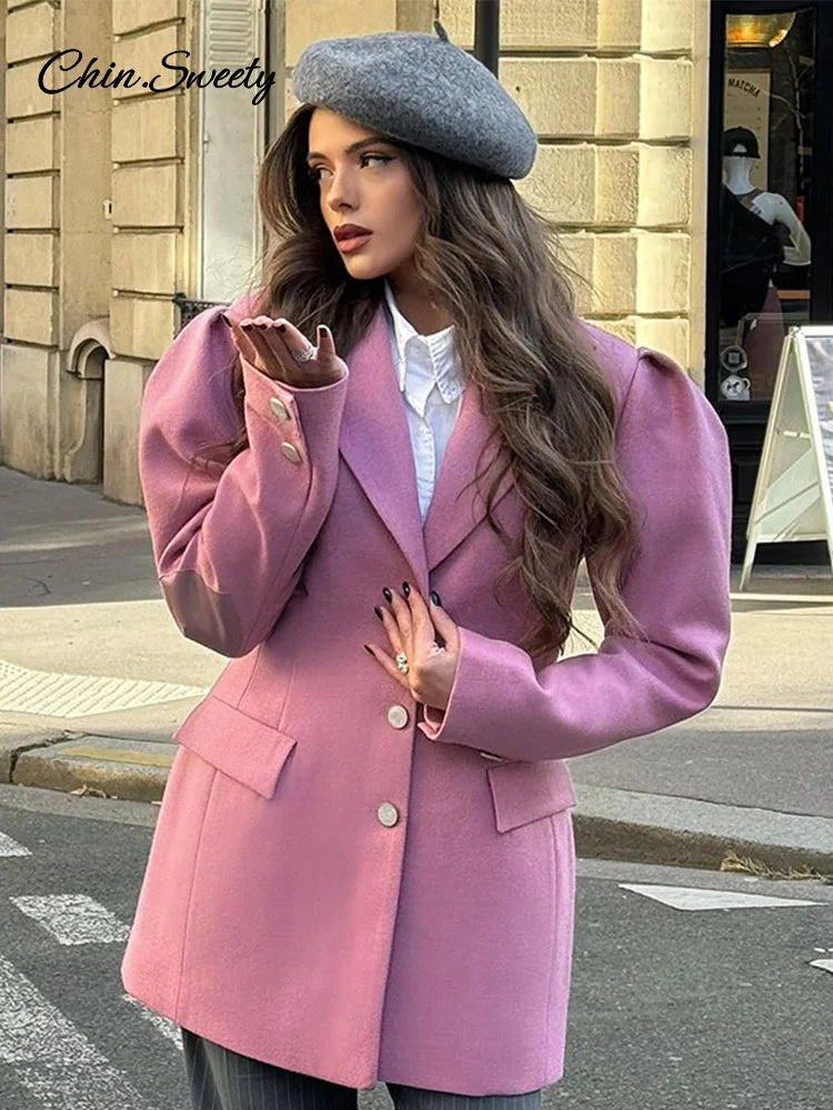 Blazer elegante para mujer, con mangas abullonadas, solapa entallada, botonadura sencilla, cintura ceñida, chaqueta femenina, primavera 2025, ropa de calle para dama