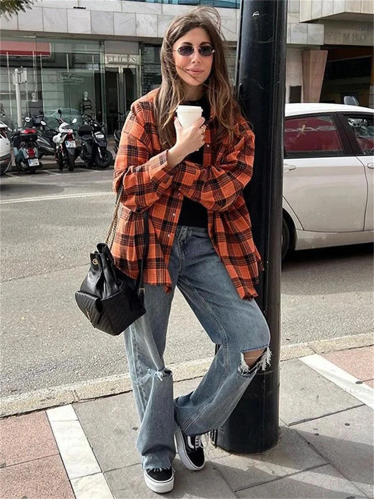 Casual Vintage For Women Shirts Outwear Lapel Fashion Loose Patchwork Streetwear Long Sleeve Striped Female Cardigan Coat
