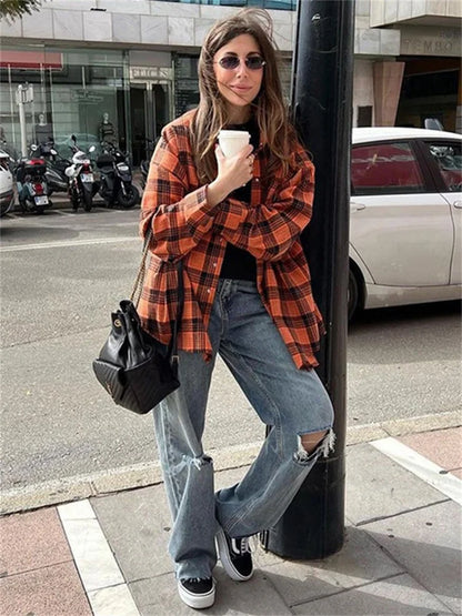 Casual Vintage For Women Shirts Outwear Lapel Fashion Loose Patchwork Streetwear Long Sleeve Striped Female Cardigan Coat