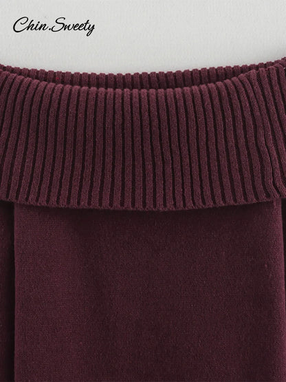 Suéter elegante burdeos con hombros descubiertos para mujer, jersey de punto de manga larga ajustado, prenda informal de punto de calle de primavera 2025