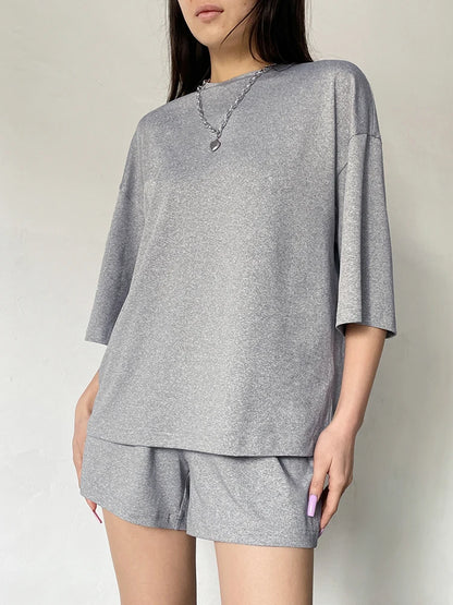 Conjunto de 2 piezas de camiseta y pantalones cortos informales, holgados, básicos, de media manga, color gris liso, con cuello redondo, para mujer, ropa de hogar informal